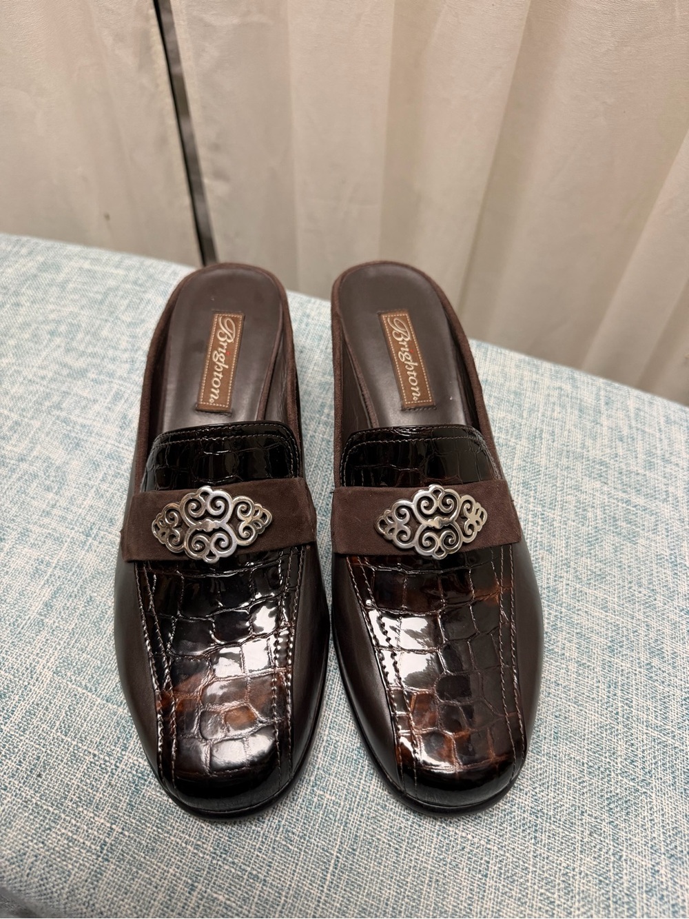 Brighton Brown Croc-Embossed Mule Loafers with Silver Ornament